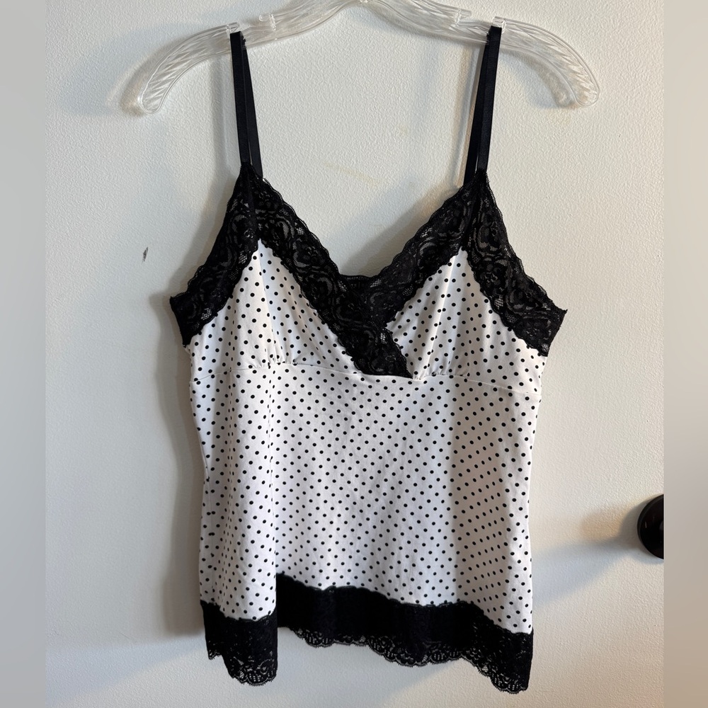 White House Black Market White and Black Polka Dot Lace-Trim Tank Size L